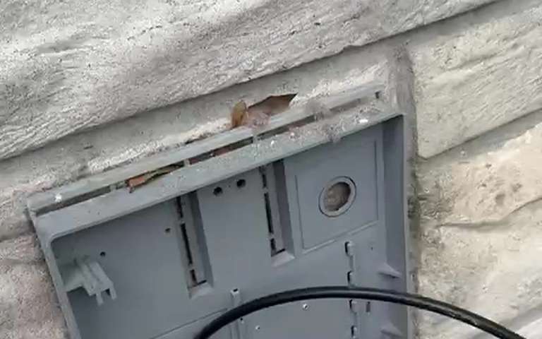 A dryer vent plate on a stone outside wall with its hood taken off, a black cable running beside it