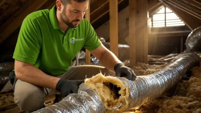 HVAC technician inspects ductwork insulation in attic during maintenance service.
