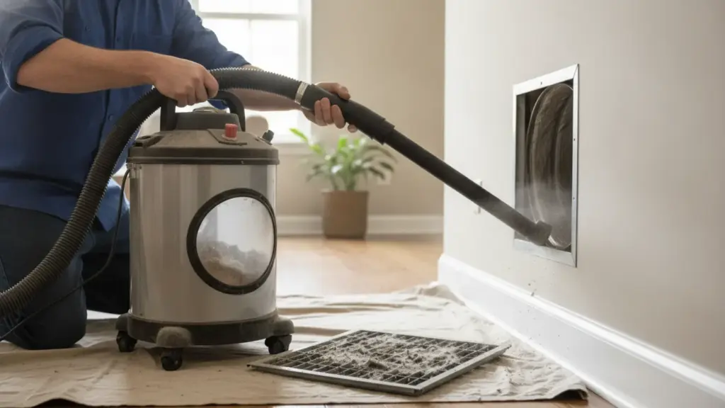 HVAC technician cleaning residential air duct with industrial vacuum equipment.