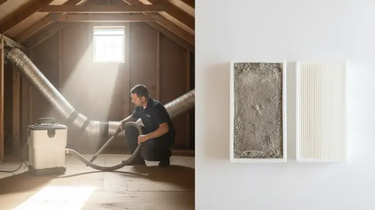 Technician inspecting insulation ductwork in attic space with natural light.