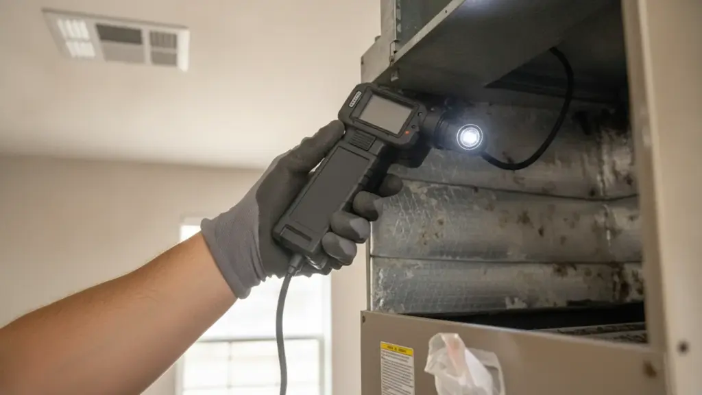 A close-up shot of a professional technician's hand using an inspection camera to examine the damp, dust-lined interior
