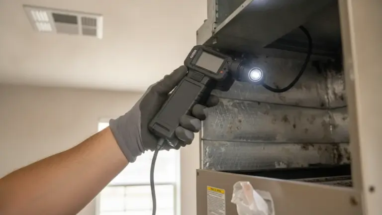 A close-up shot of a professional technician's hand using an inspection camera to examine the damp, dust-lined interior